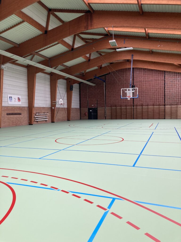 Salle de sport vide avec terrains marqués.