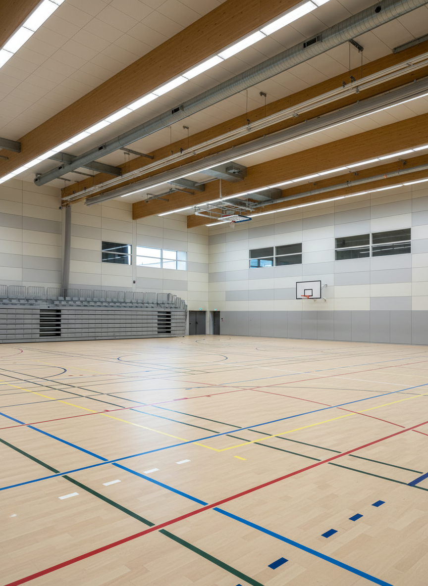 Salle de sport moderne avec terrain marqué.