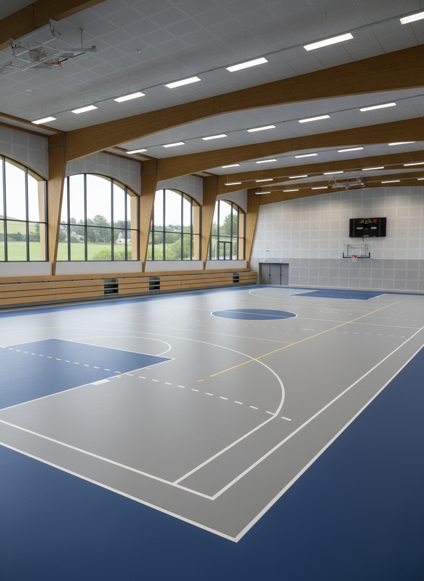 freepik grande salle multisports neuve en normandie sol s 7335 Salle de sport avec terrain de basketball intérieur