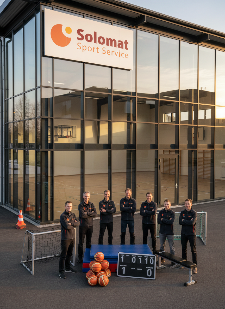 freepik quipe solomat sport service posant devant un chan 7346 Équipe devant bâtiment Solomat Sport Service