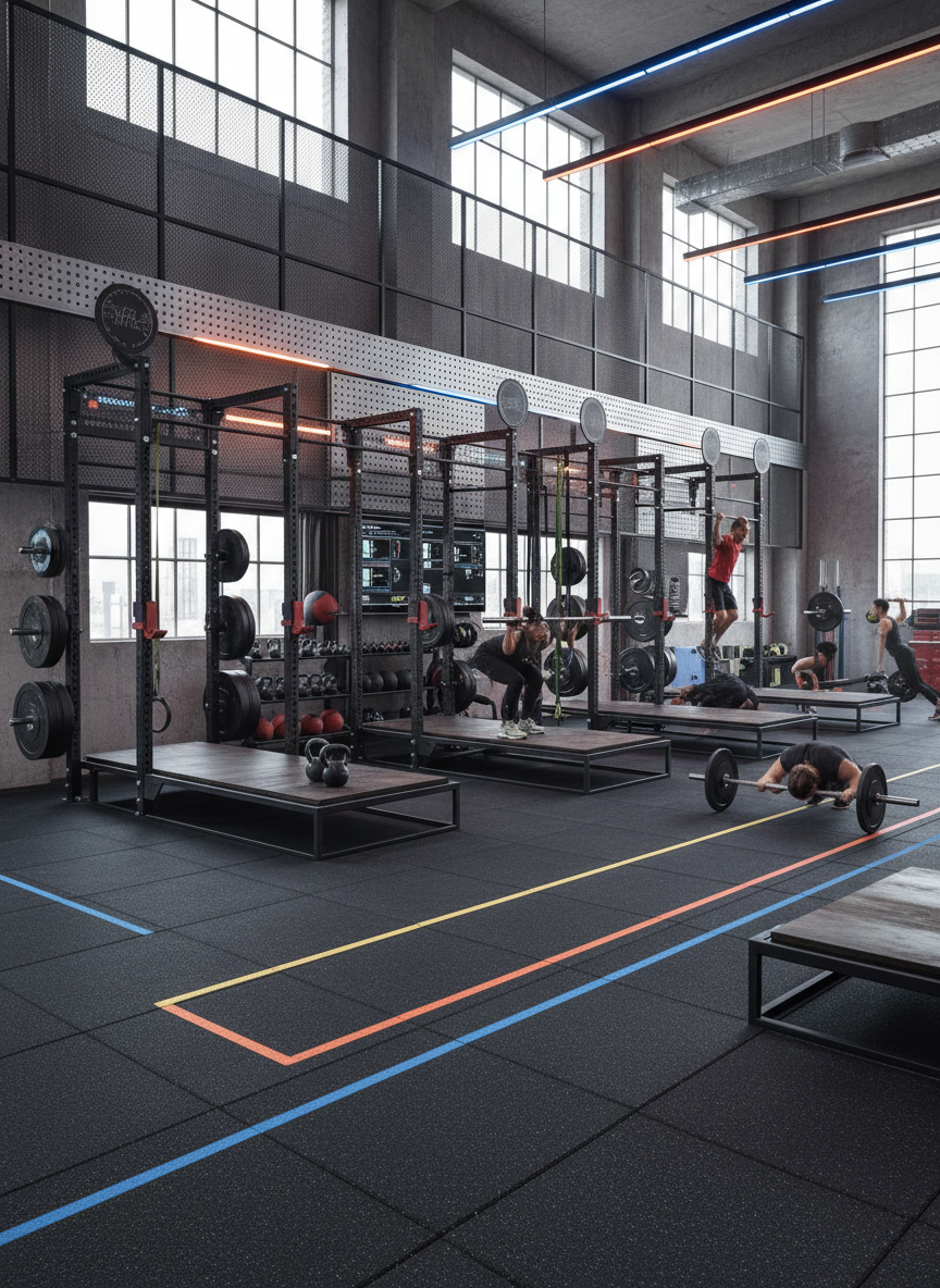 freepik zone de cross training moderne sol rsistant aux i 7338 Salle de sport moderne avec haltères et athlètes.